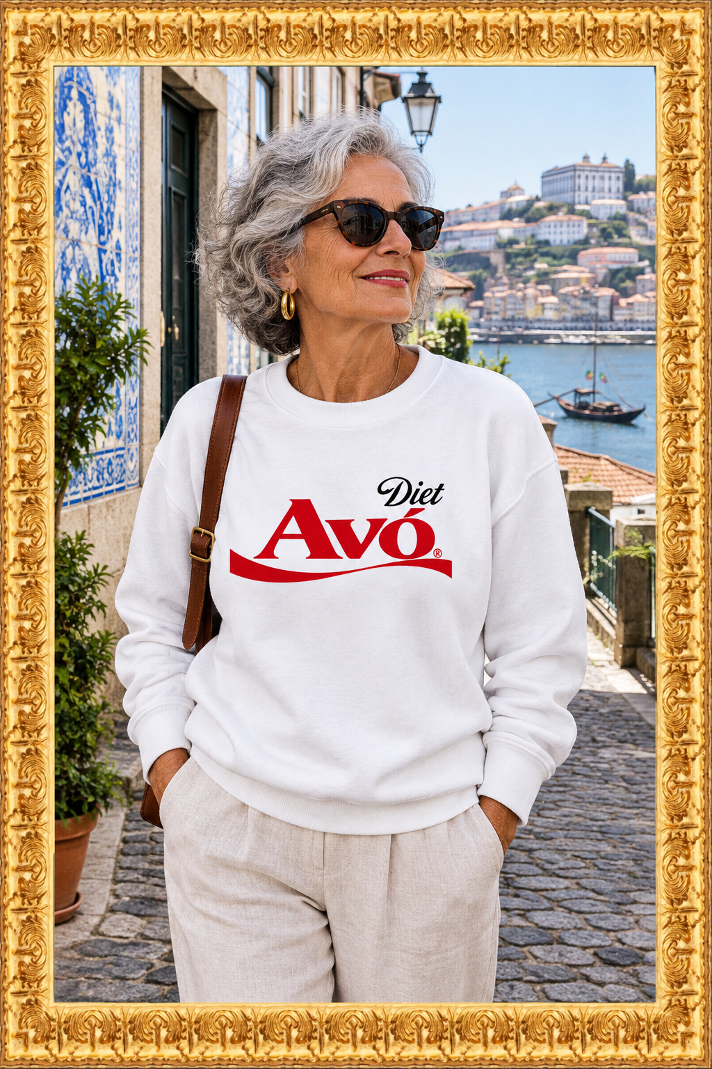 Stylish grandmother wearing the Diet Avó sweatshirt outdoors in Portugal inside the gold frame