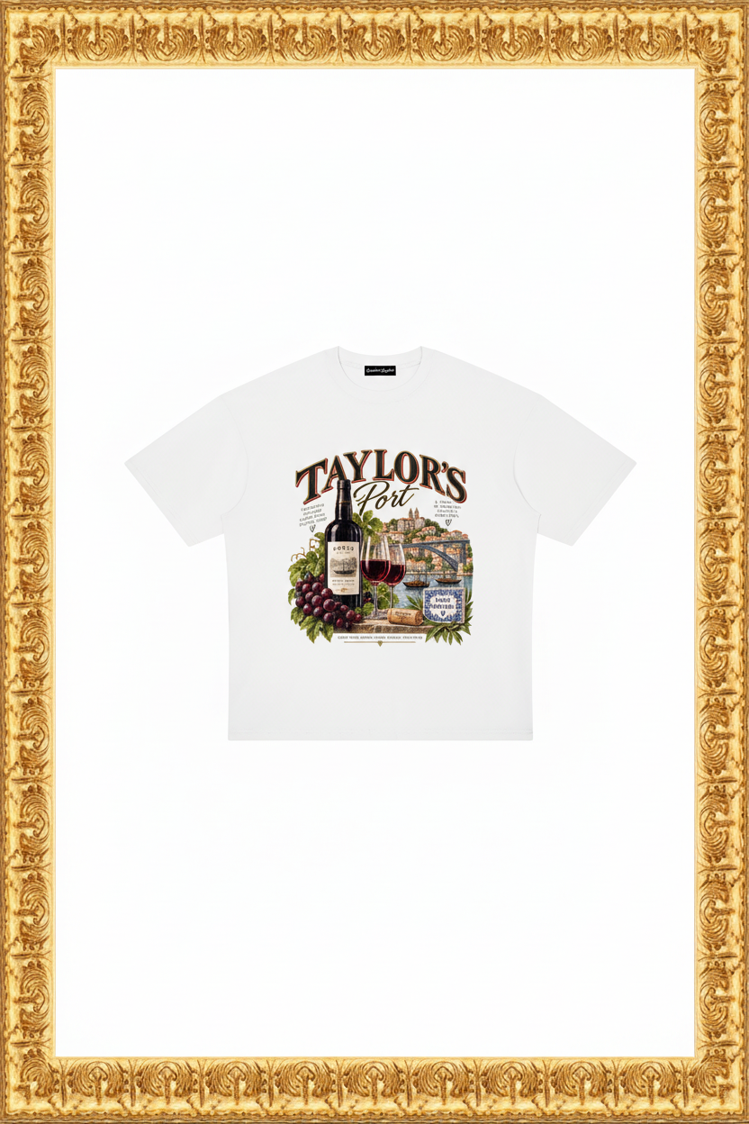 Taylor's Port Drop Shoulder T-Shirt in an upright antique-gold frame