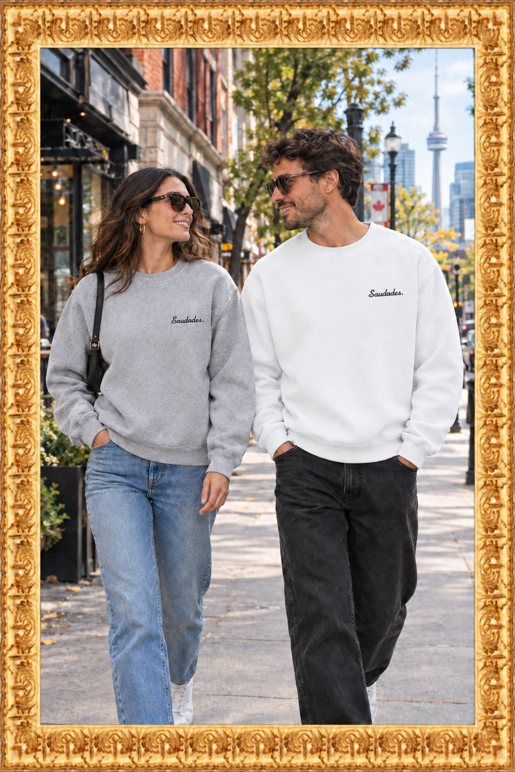 Toronto couple wearing the Saudades sweatshirt, with the correct embroidery