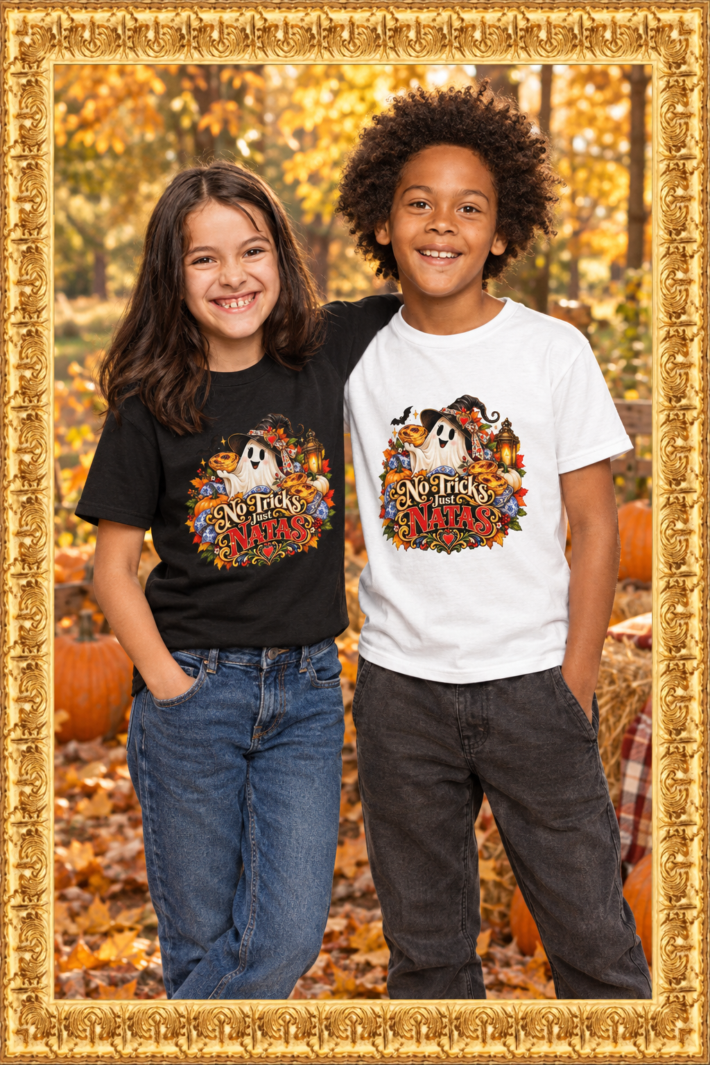Two children in Youth t-shirts with a fall background and gold frame