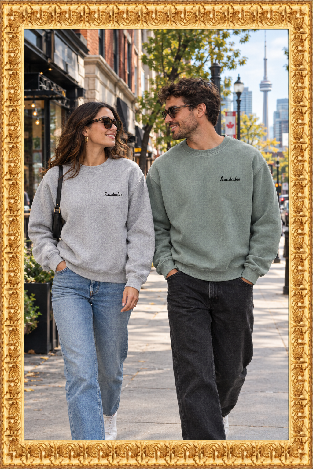 Two people wearing grey and greenish Saudades sweatshirts in Toronto