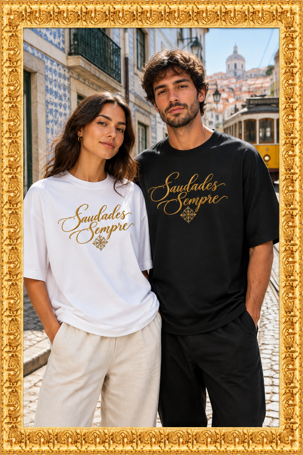 Woman and man wearing the same Saudades Sempre shirt in two colors