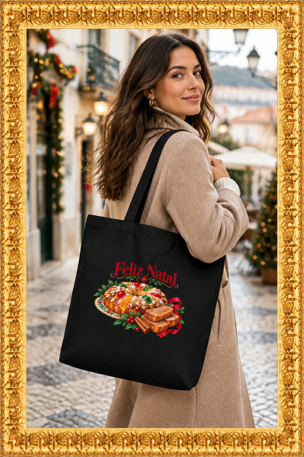 Woman carrying the black Feliz Natal tote on a Portuguese street in an ornate gold frame