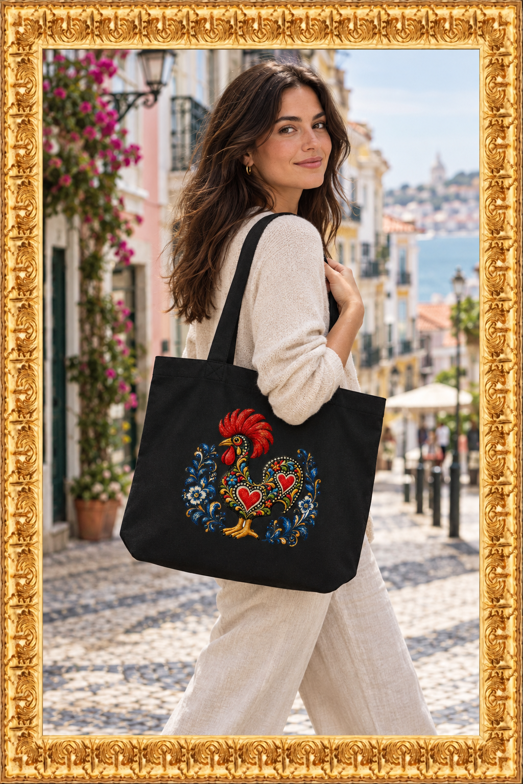 Woman carrying the black Galo de Barcelos tote on a Portuguese street inside an ornate gold frame