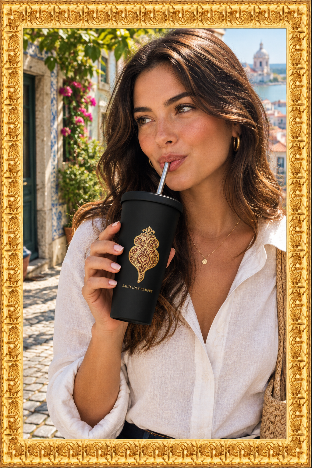 Woman drinking from the Saudades Sempre tumbler in the gold frame