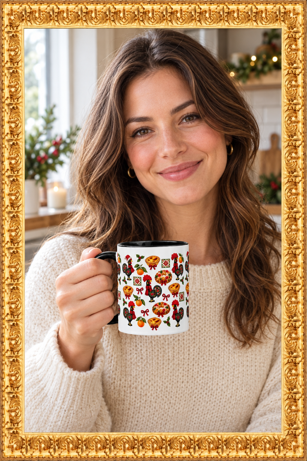 Woman holding the Portuguese Christmas mug in a kitchen, surrounded by an ornate gold frame