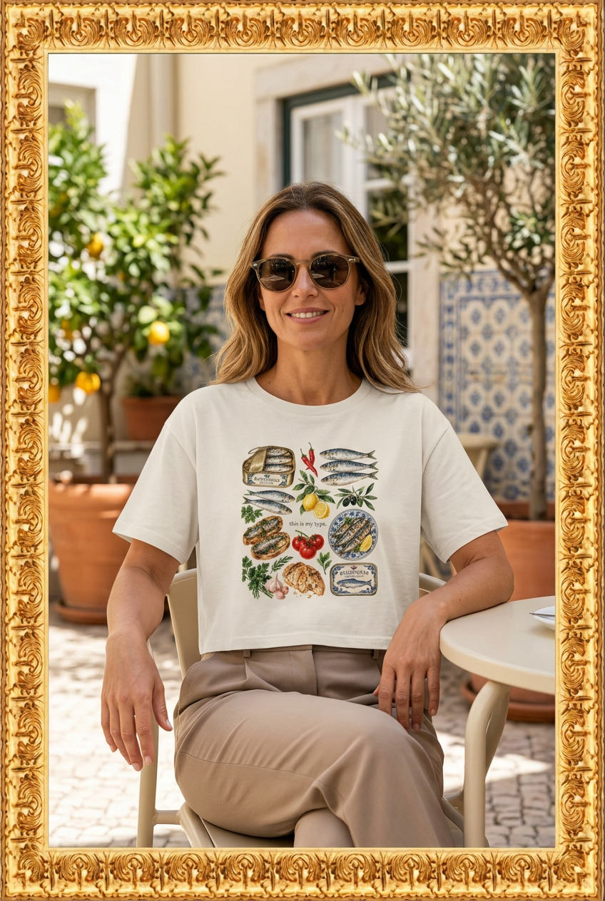 Woman in sunglasses wearing the sardine crop tee on a patio inside an ornate gold frame