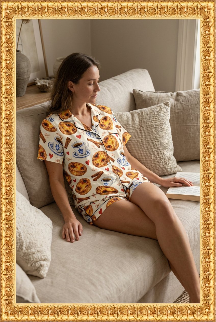 Woman lounging at home in the matching Nata pajama shirt and shorts, inside your original ornate gold frame