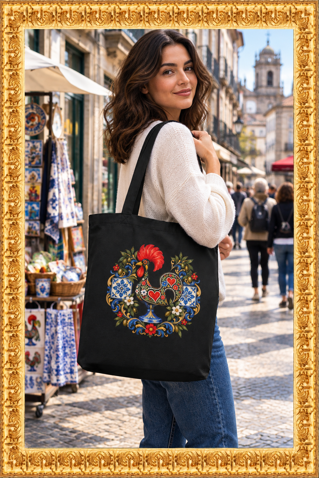 Woman shopping with the Barcelos Galo Eco Tote Bag