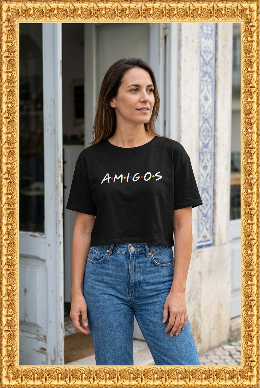 Woman wearing the Amigos crop top inside the original gold frame