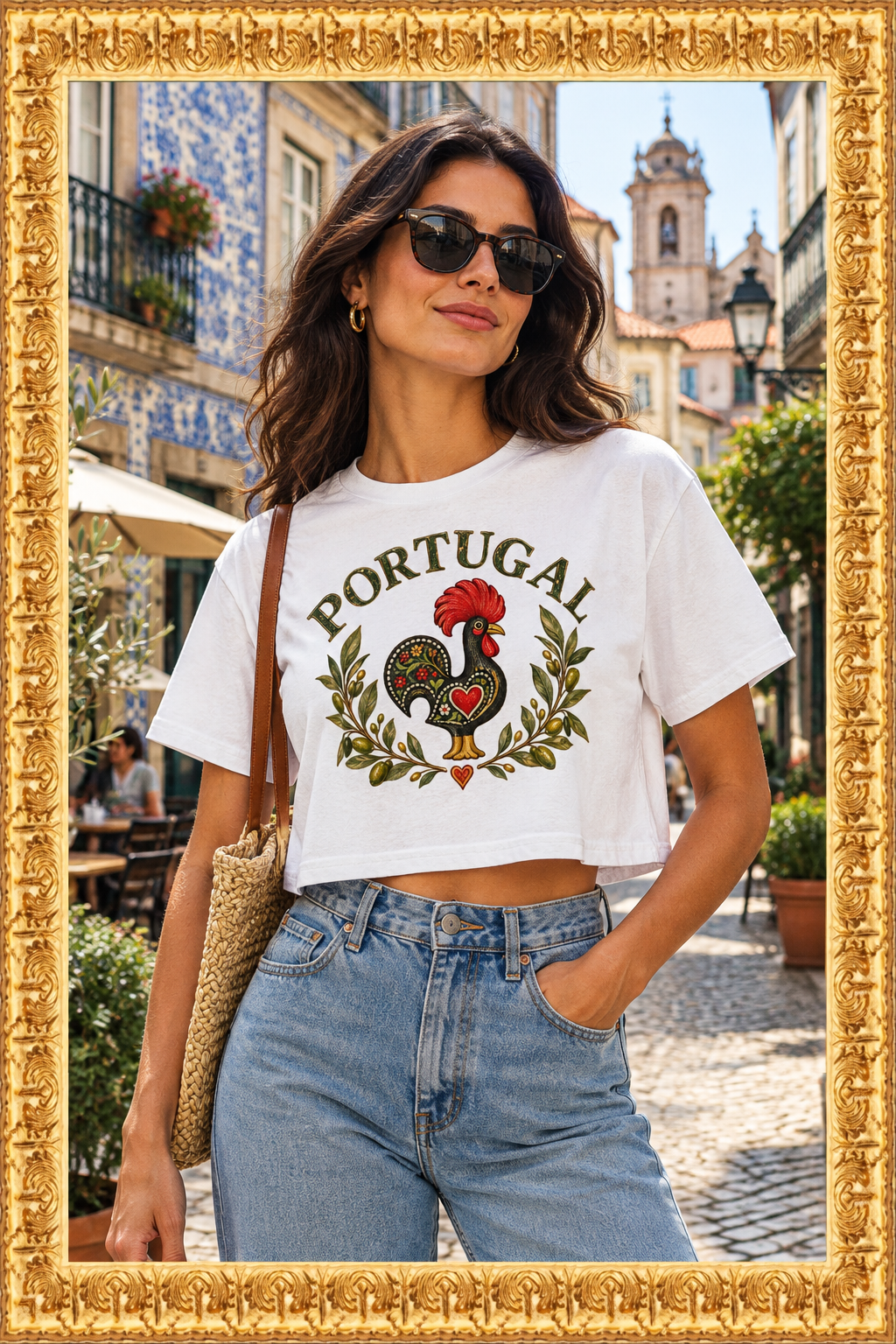 Woman wearing the Barcelos Galo Cropped Tee in an urban city scene