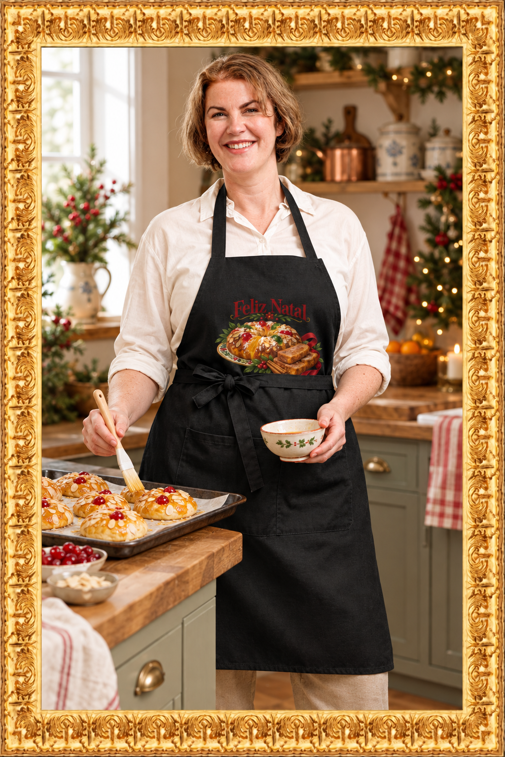 Woman wearing the black Feliz Natal apron in a kitchen with an ornate gold frame