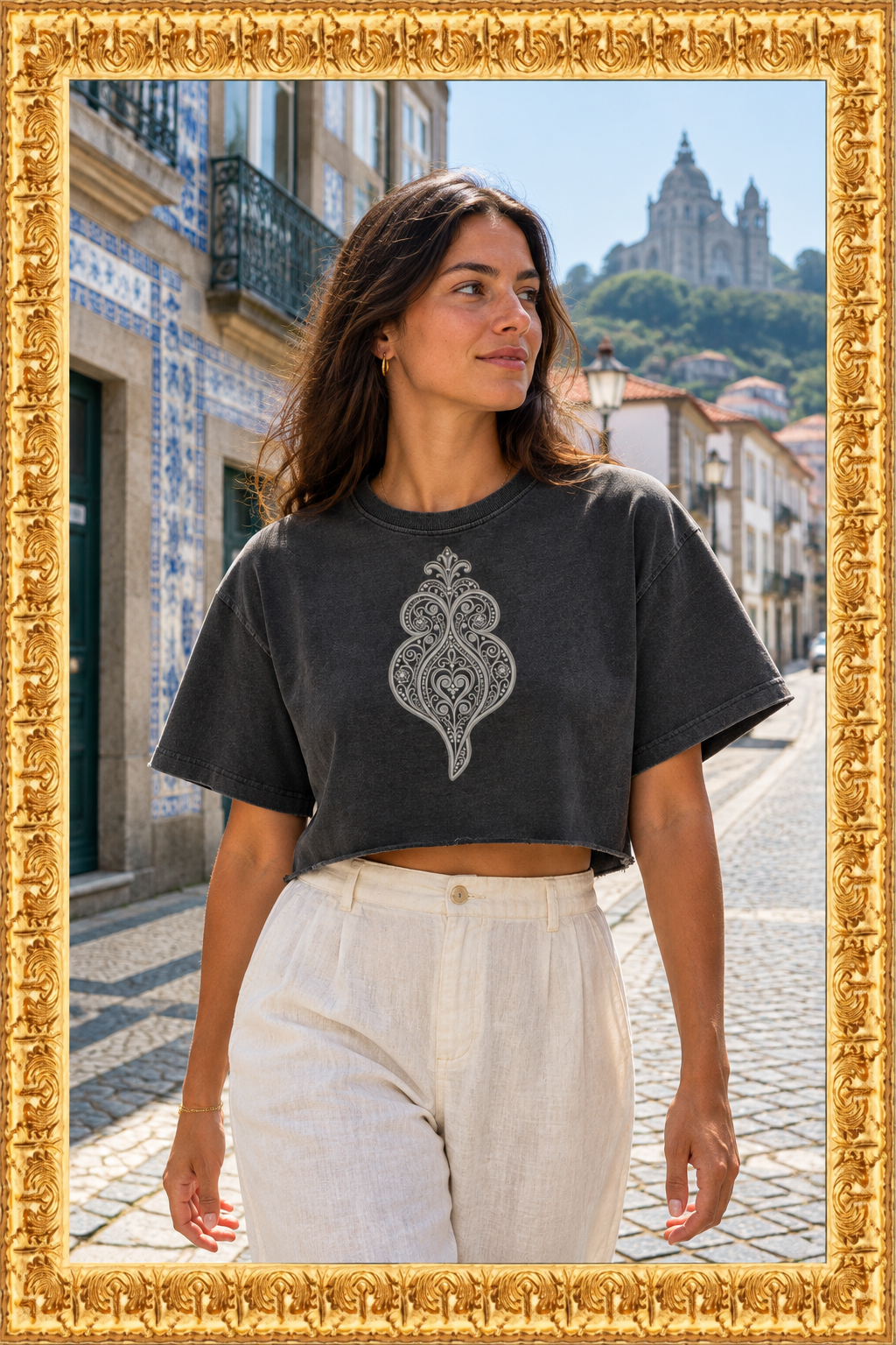 Woman wearing the crop top on a Viana do Castelo street inside the gold frame