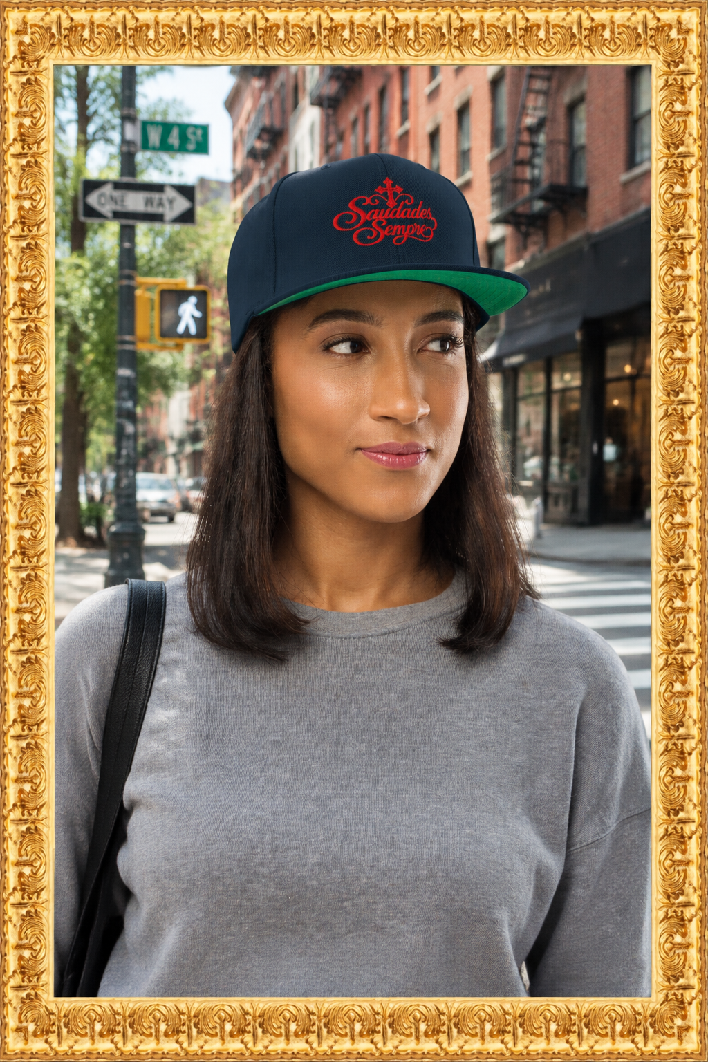 Woman wearing the dark-navy snapback on a New York City street inside the gold frame