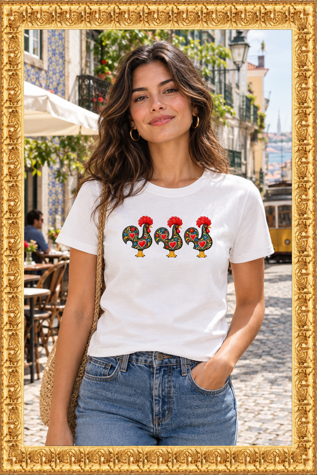 Woman wearing the Portuguese Roosters Graphic Tee on an urban street
