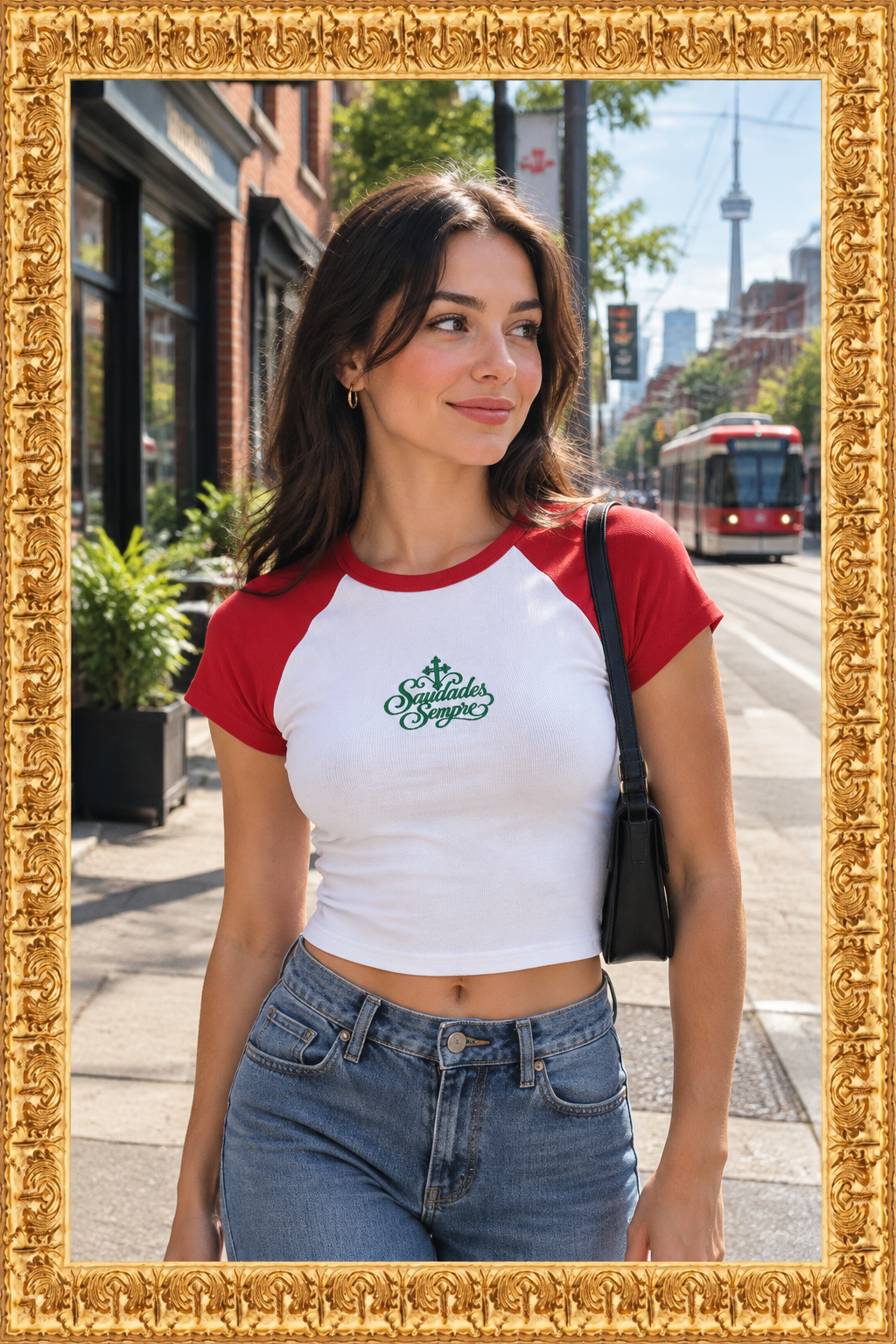 Woman wearing the raglan baby tee on a Toronto street inside the gold frame
