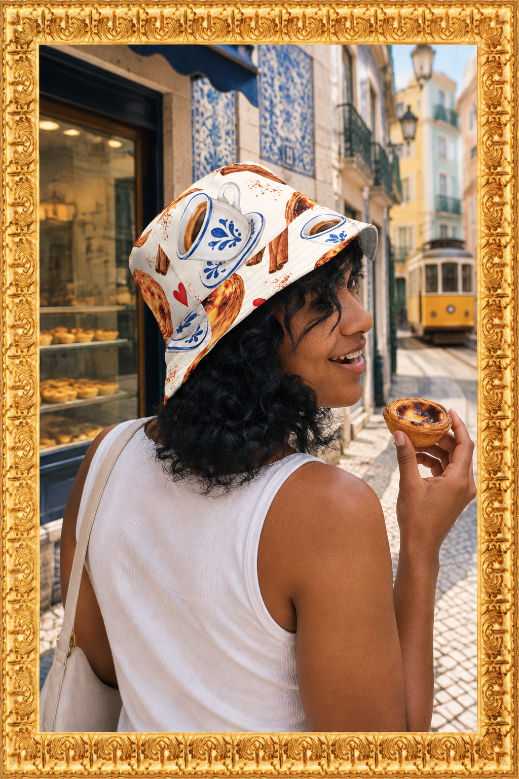 Woman wearing the reversible bucket hat on a Lisbon street while holding a pastel de nata
