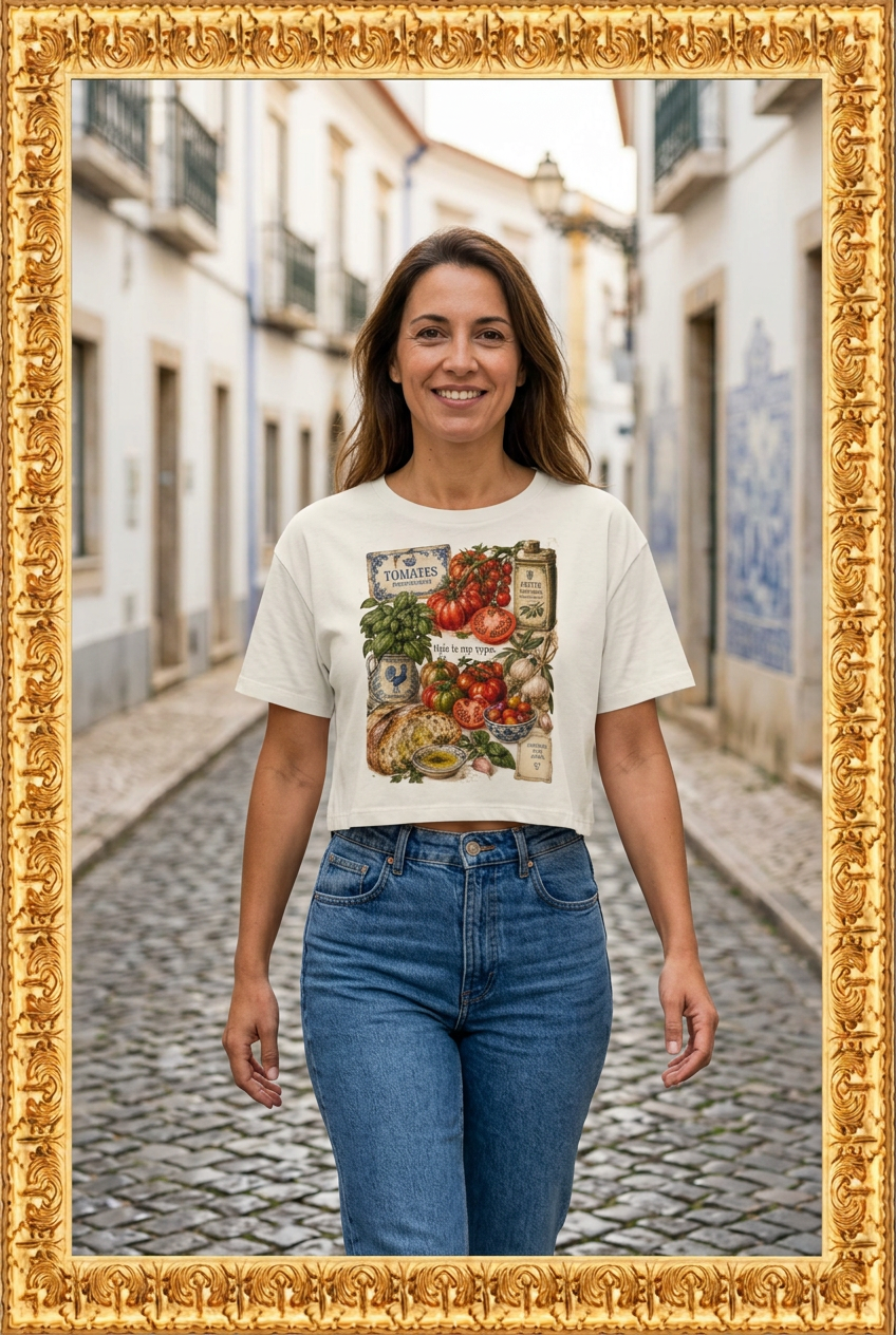 Woman wearing the tomato graphic tee on a Portuguese street inside an ornate gold frame