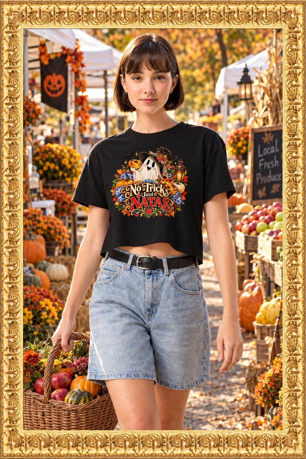 Women’s crop top at a fall farmers market in the gold frame