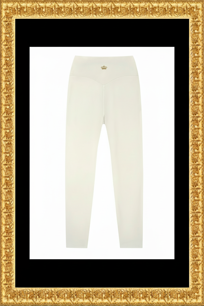 Yoga pants in the gold frame with an entirely white background