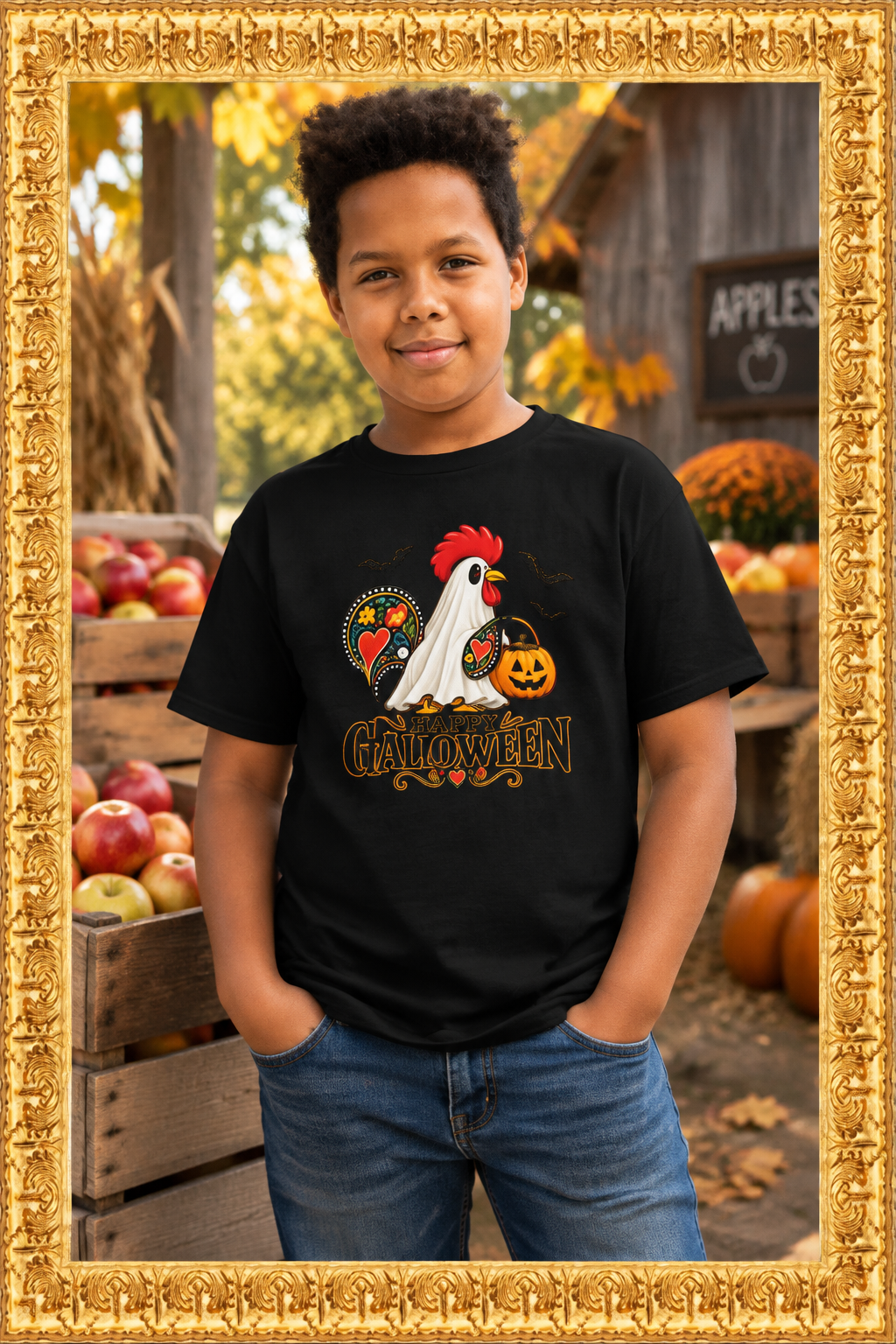 Youth classic tee at a fall farm stand inside the gold frame